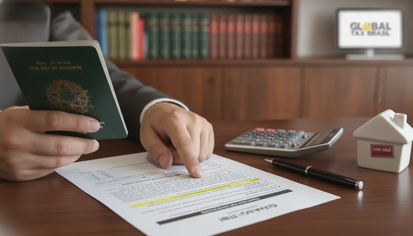 Mãos apontam documentos ITBI não residente e passaporte brasileiro, simbolizando venda imóvel.