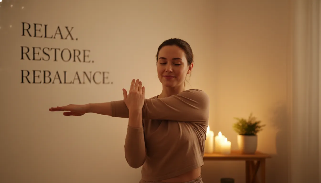 Pessoa relaxando com alongamento noturno em ambiente tranquilo, demonstrando autocuidado e equilíbrio.