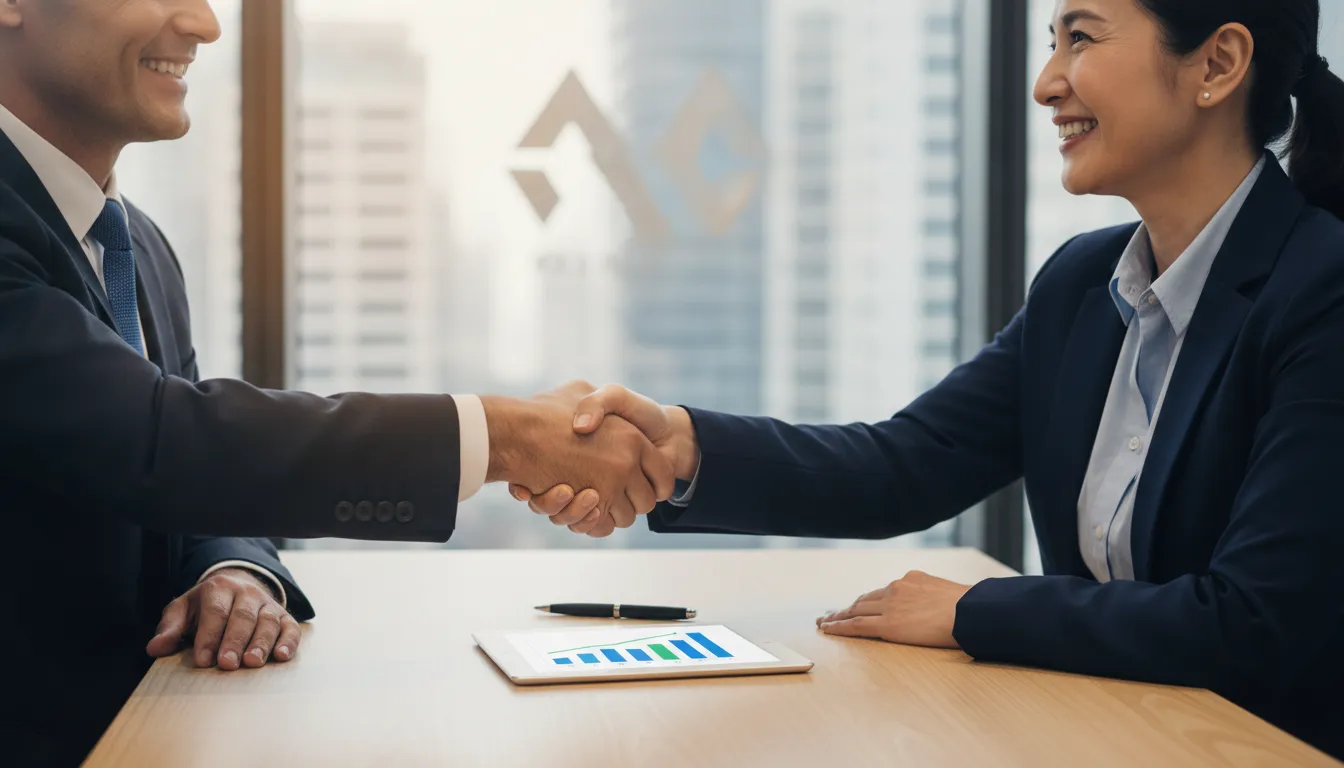 Consultor e cliente apertam as mãos, celebrando parceria e renda extra para consultores.