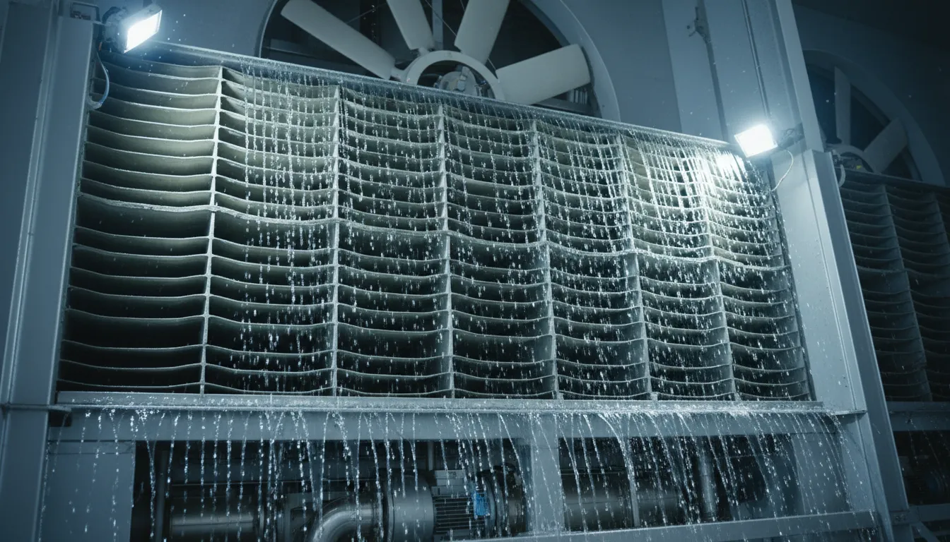Detalhe de um componente interno de uma torre de resfriamento de água, ilustrando a manutenção e eficiência energética do sistema.