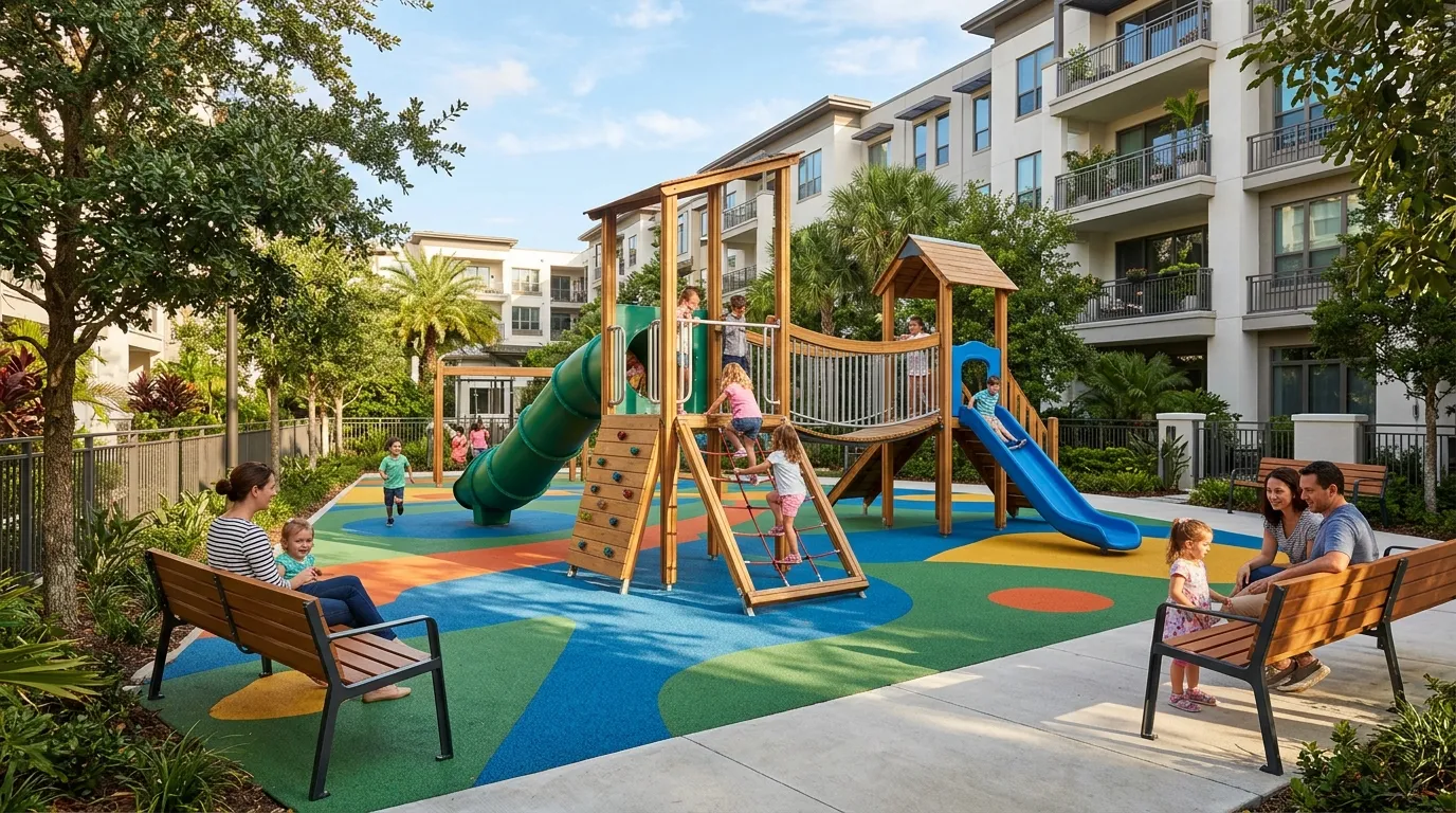 Playground novo financiado por empréstimo para reforma de condomínio garantindo lazer seguro.