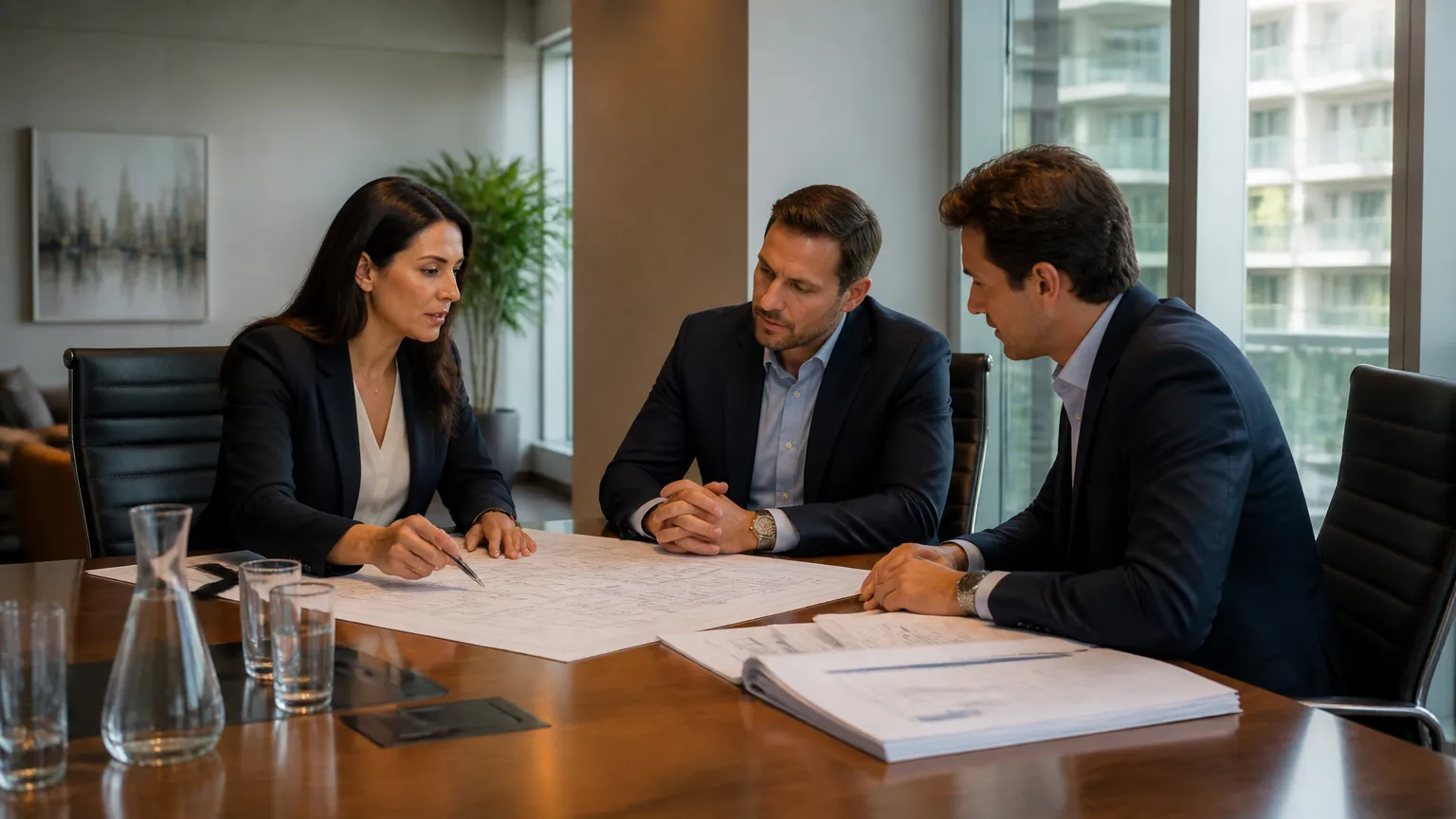 Reunião de gestão para identificação de oportunidades de crédito condominial em reformas.