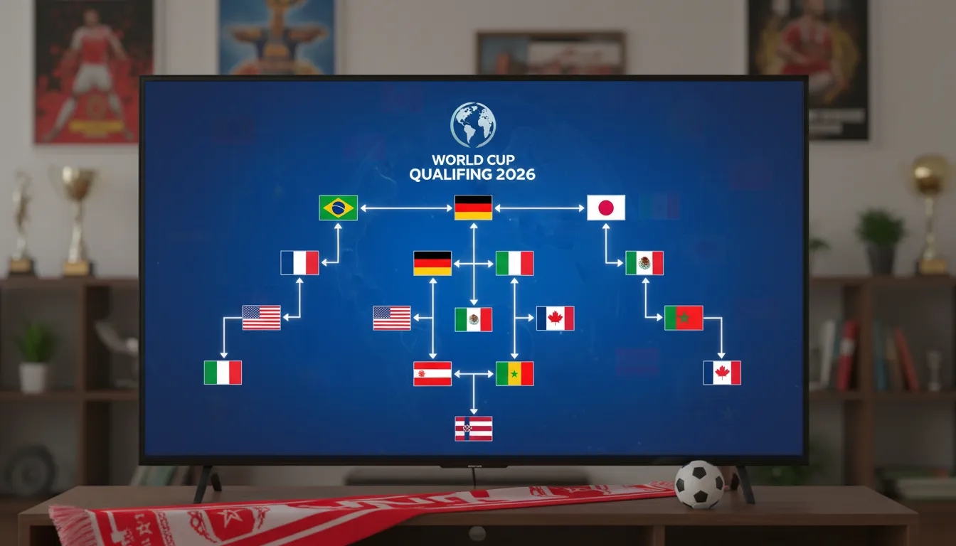 Tela de TV mostrando as seleções classificadas Copa 2026, cercada por itens de futebol e muita expectativa.
