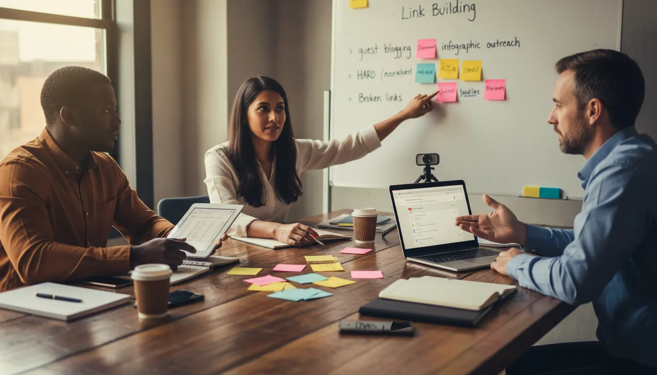 Equipe discutindo estratégias de link building em reunião de trabalho