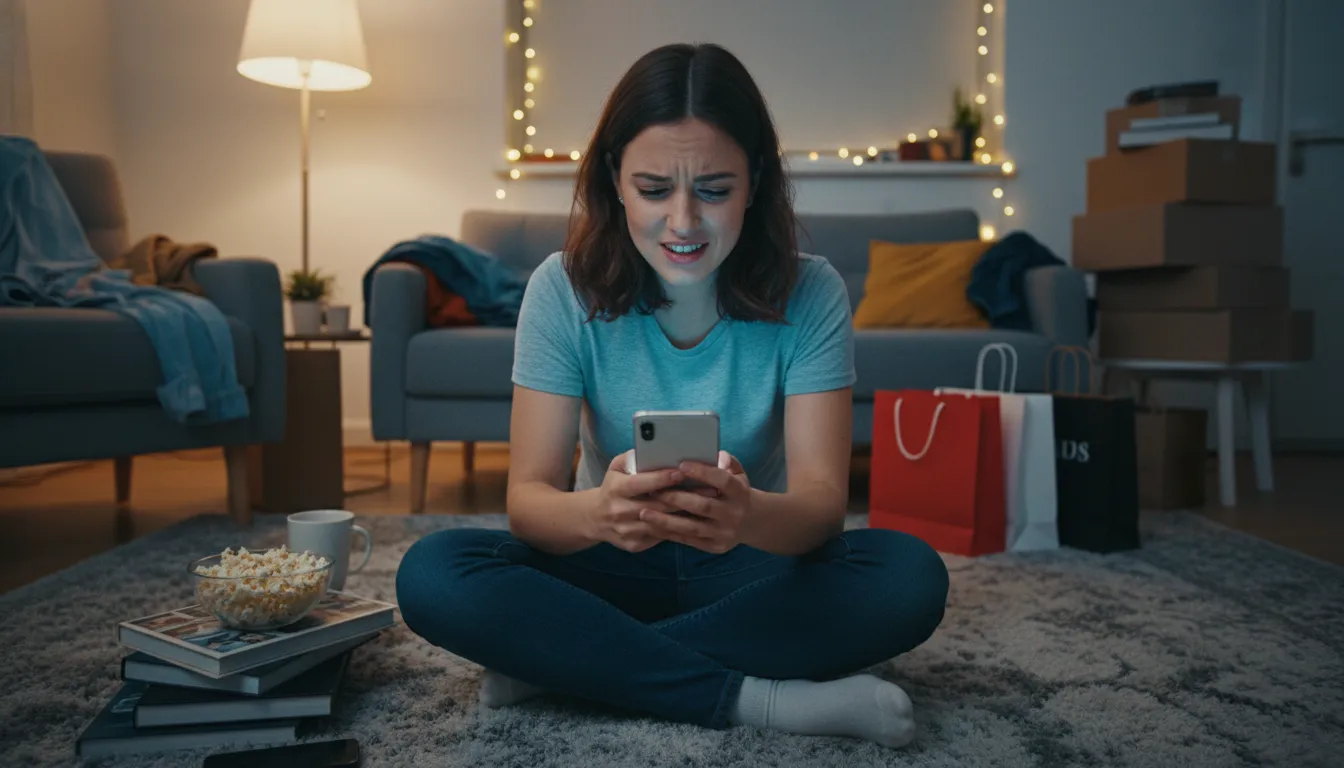 Pessoa comprando impulsivamente online, refletindo o ciclo entre ansiedade e consumo, agravando dívidas.