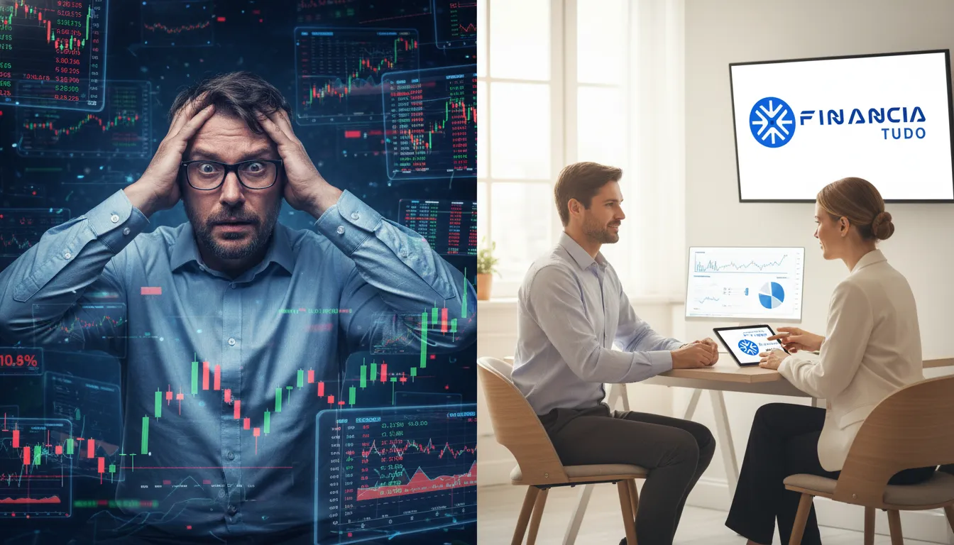 Contraste entre erros de iniciantes em investimentos e conselhos da Financia Tudo, mostrando confusão versus clareza e confiança.