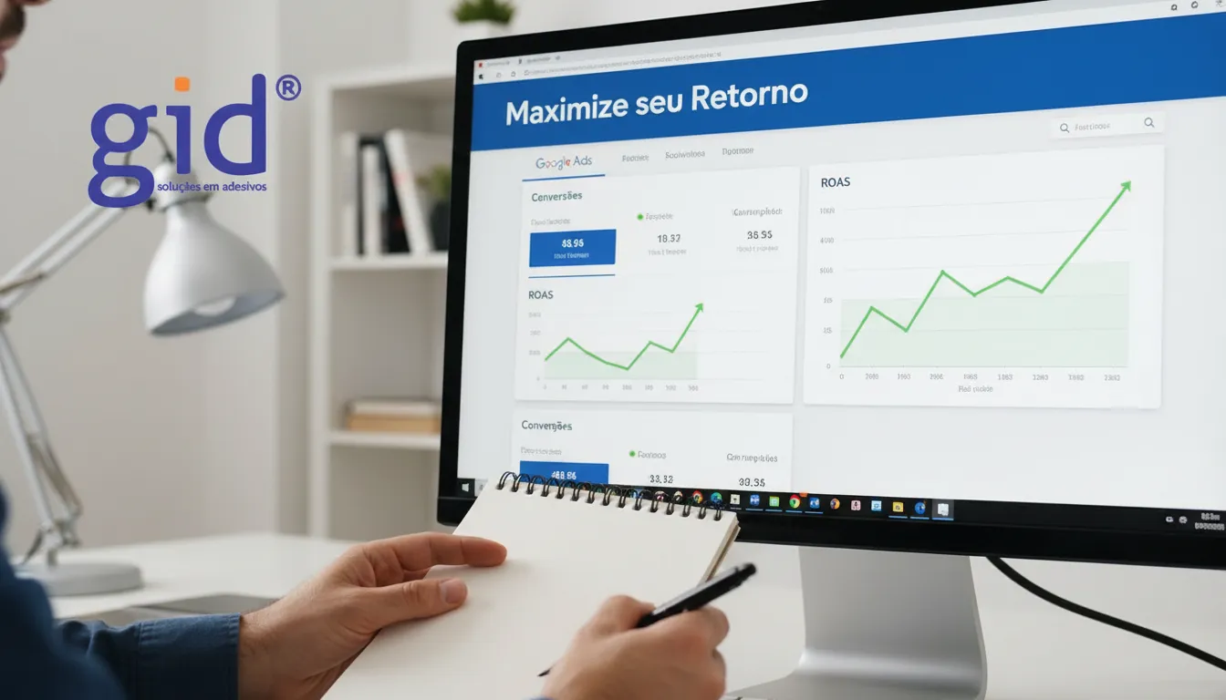 Mãos analisam relatórios detalhados do Google Ads em monitor. Com o google ads não gasto, mas sim investimento, maximize o lucro.