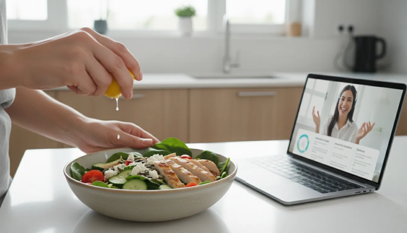 Preparação de refeição saudável, um passo crucial para mais energia. Um personal trainer e nutricionista juntos otimizam a atividade física.