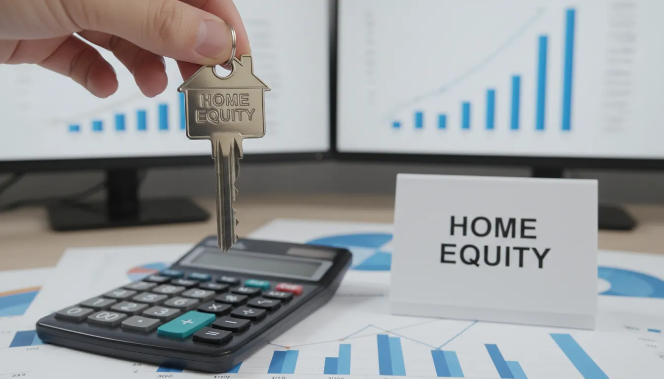 Ilustração realista de uma chave de casa com calculadora ao fundo, simbolizando as soluções de home equity.