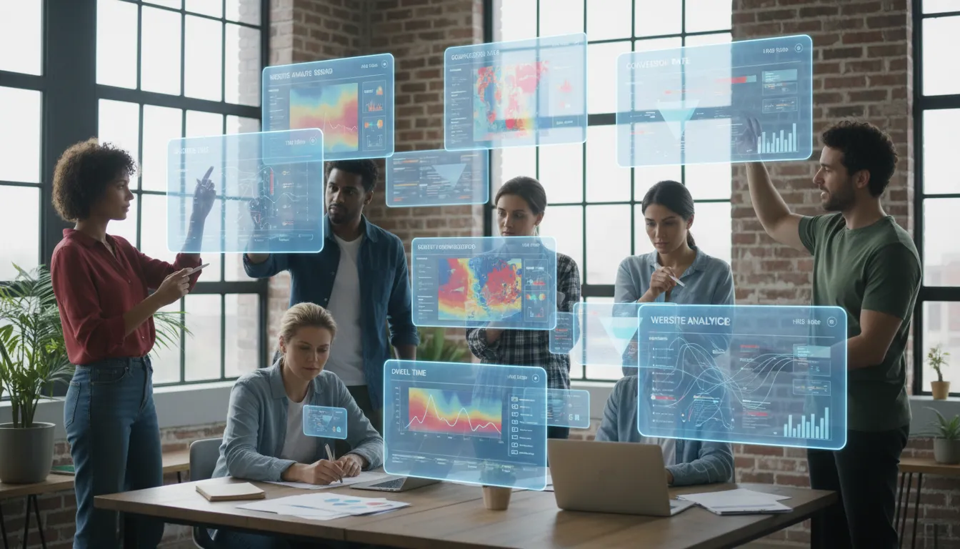 IA para Analytics: Entender Dados do Site Sem Ser Ninja 1 Equipe diversificada examinando mapas de calor e métricas importantes em telas digitais.