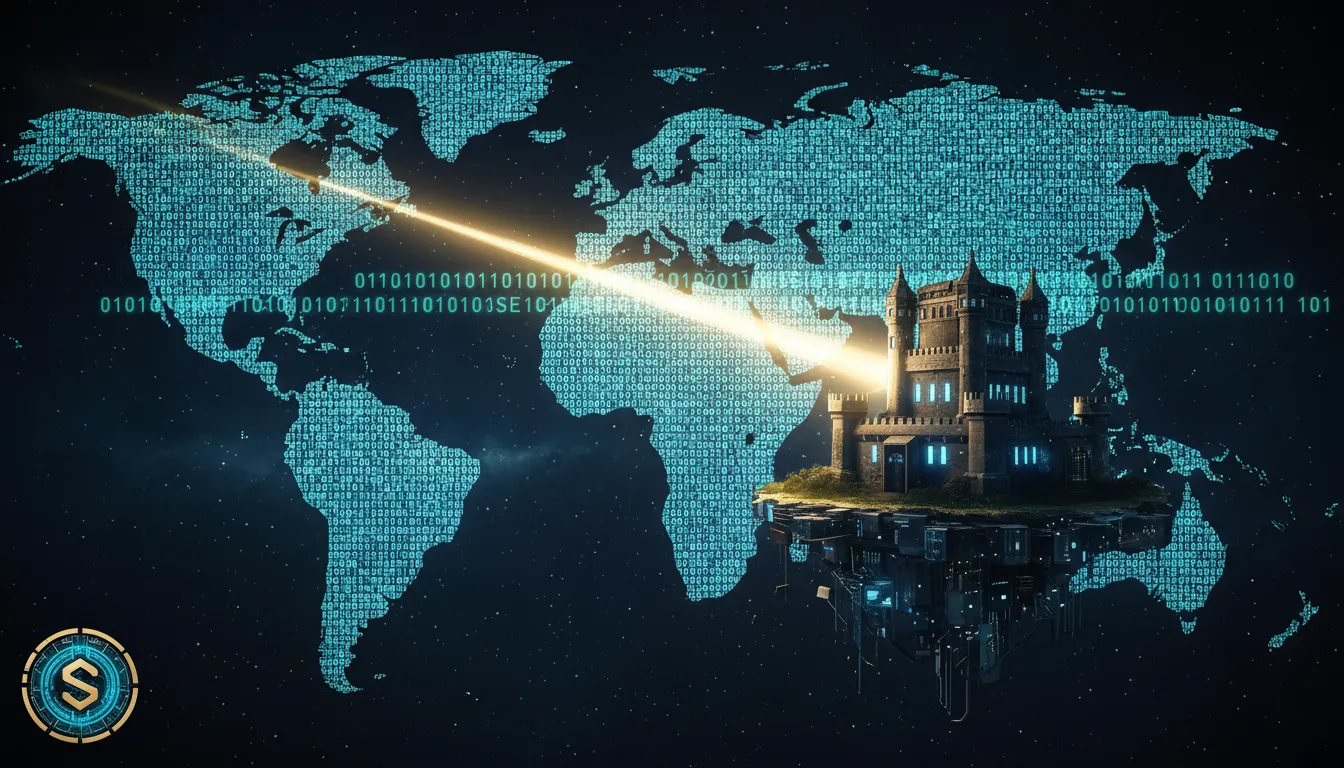Mapa mundial em código binário ilustrando o processo de repatriação de dados para data center seguro no Brasil.