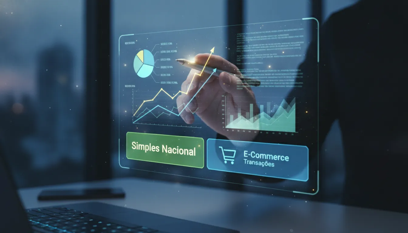 Mão interage com projeção holográfica de dados fiscais, simplificando Reforma Tributária Simples Nacional E-commerce.