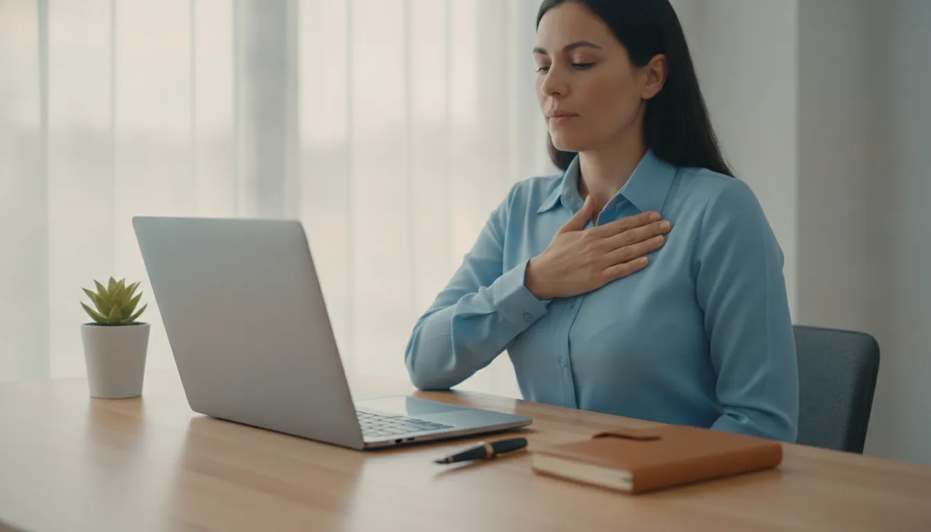 Pessoa em mesa organizada, respirando fundo, priorizando saúde mental e rotina tranquila no trabalho.
