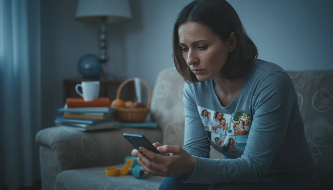 Mãe com expressão de angústia, segurando o celular, sentindo a solidão e pressão da maternidade real. Imagem de isolamento.