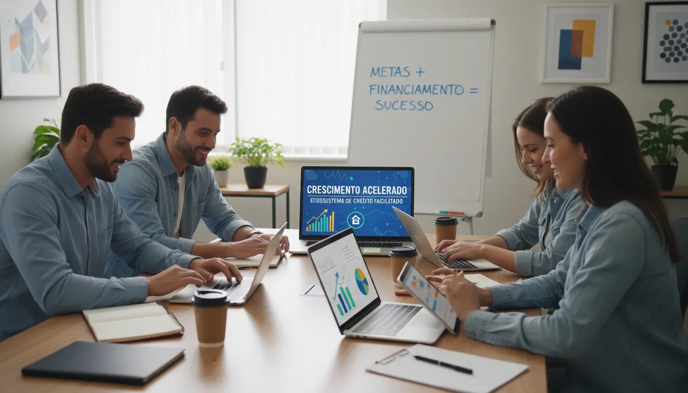 Equipe de pequena empresa discutindo estratégias com gráficos e laptops, simbolizando acesso fácil a crédito