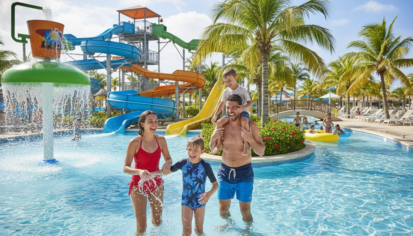 Família se diverte em parque aquático em Punta Cana, destino ideal para uma viagem em família.