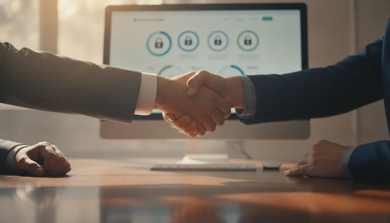 Handshake entre advogado e especialista financeiro, simbolizando parceria para home equity e crédito.