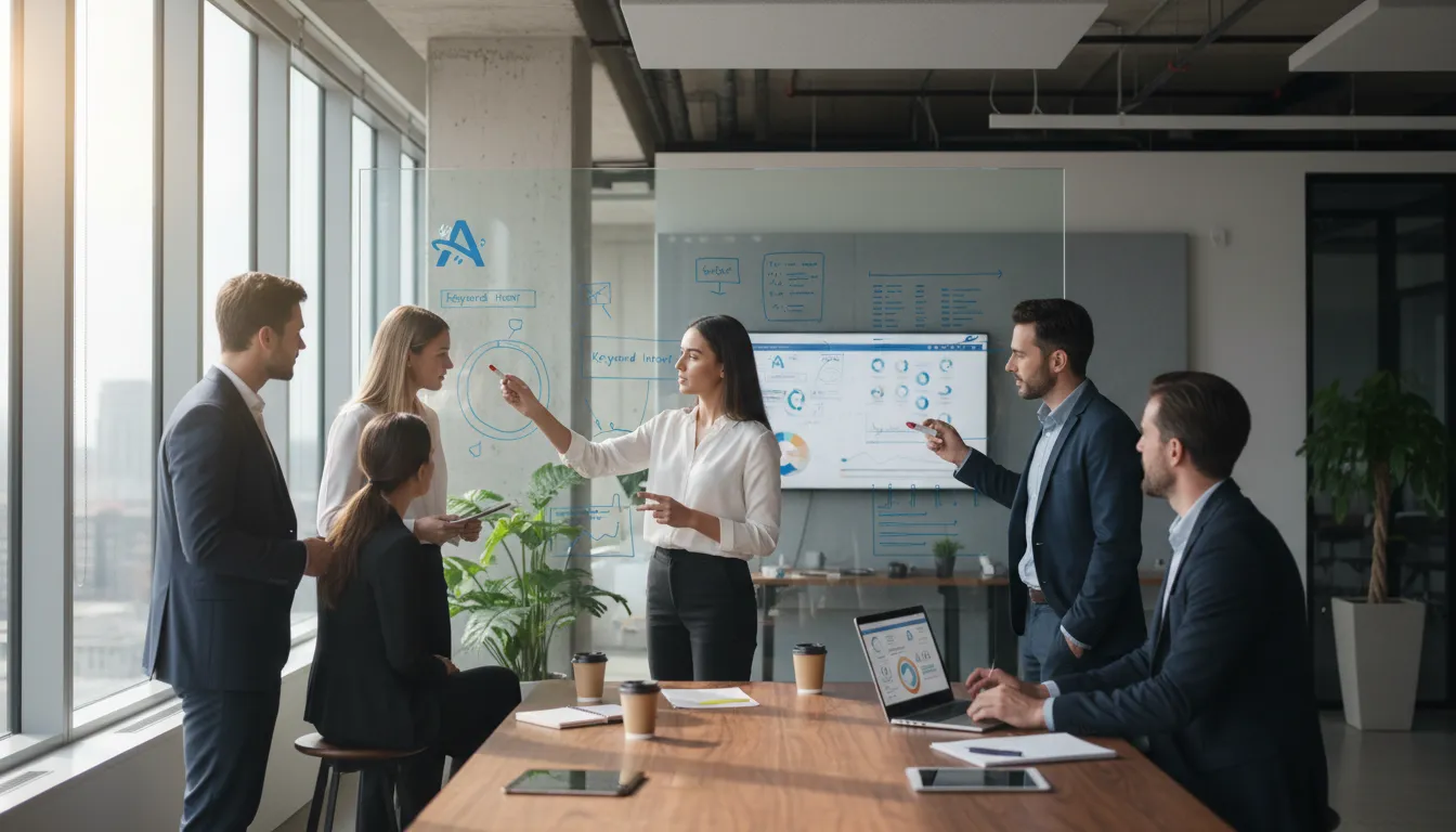 Equipe de marketing discutindo Keyword Intent: What? em um escritório moderno com dados de pesquisa e o logo da Airticles.ai visível.
