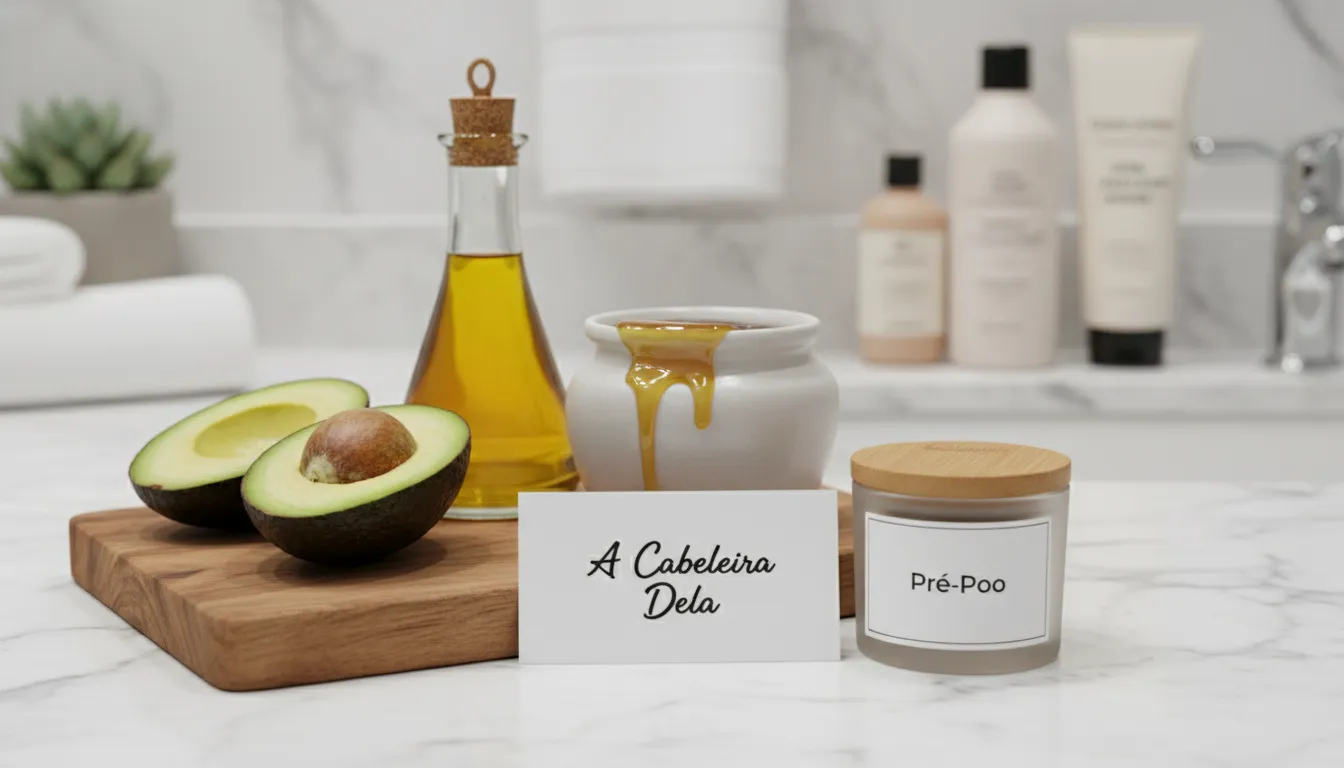 Ingredientes naturais como abacate, azeite e mel dispostos em um balcão de banheiro, representando como fazer pré-poo caseiro para nutrir e proteger o cabelo.