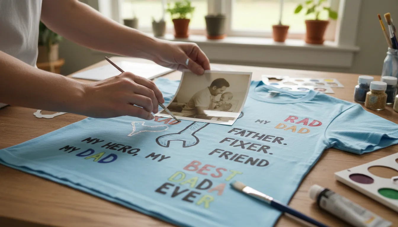 Pessoa personalizando uma camiseta azul para o Dia dos Pais com tintas e frases temáticas sob luz natural.