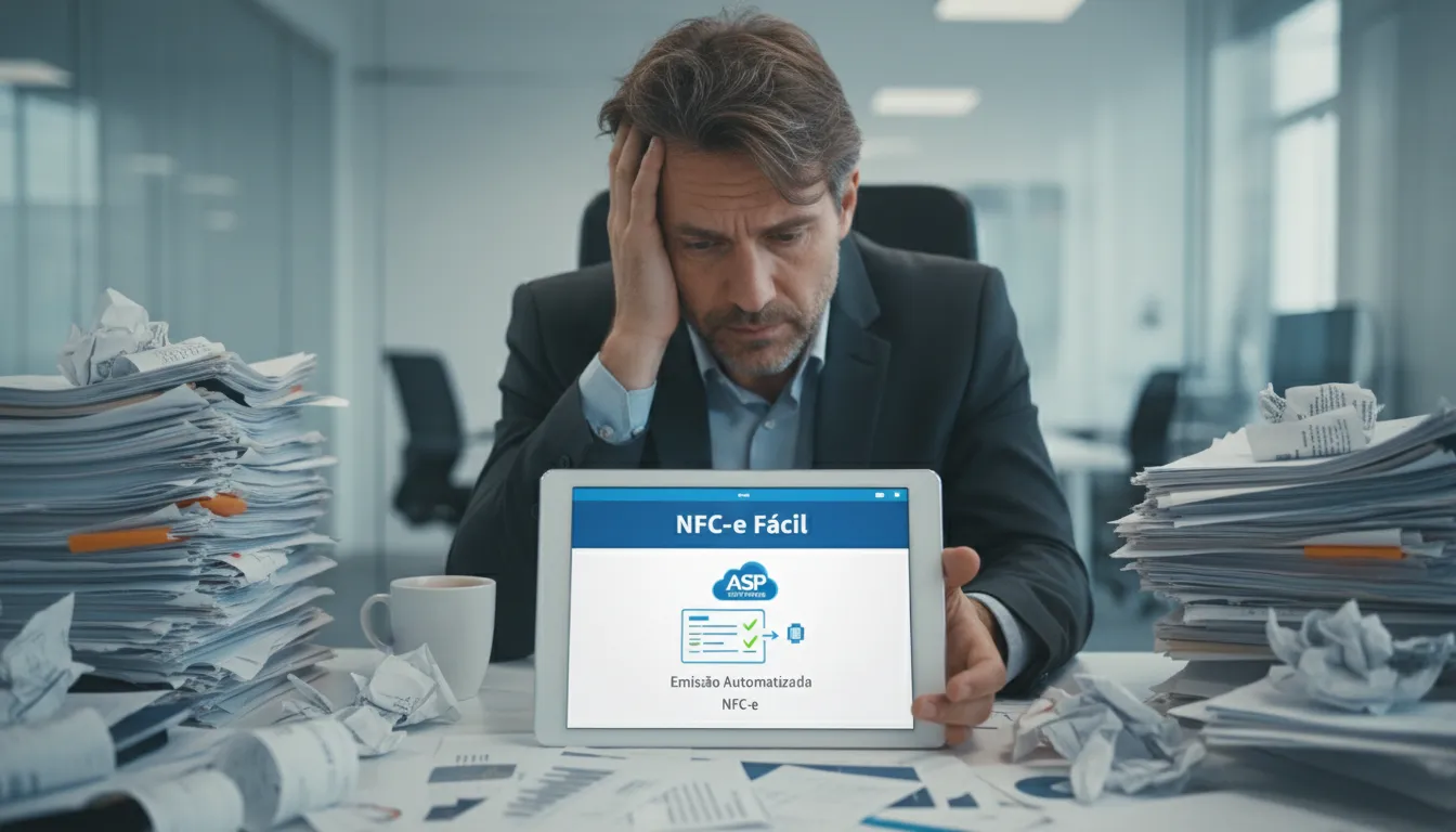 Empresário preocupado com papelada, contrastando com tablet mostrando a interface da ASP Softwares para emissão nfce automatizada, simbolizando solução fácil.