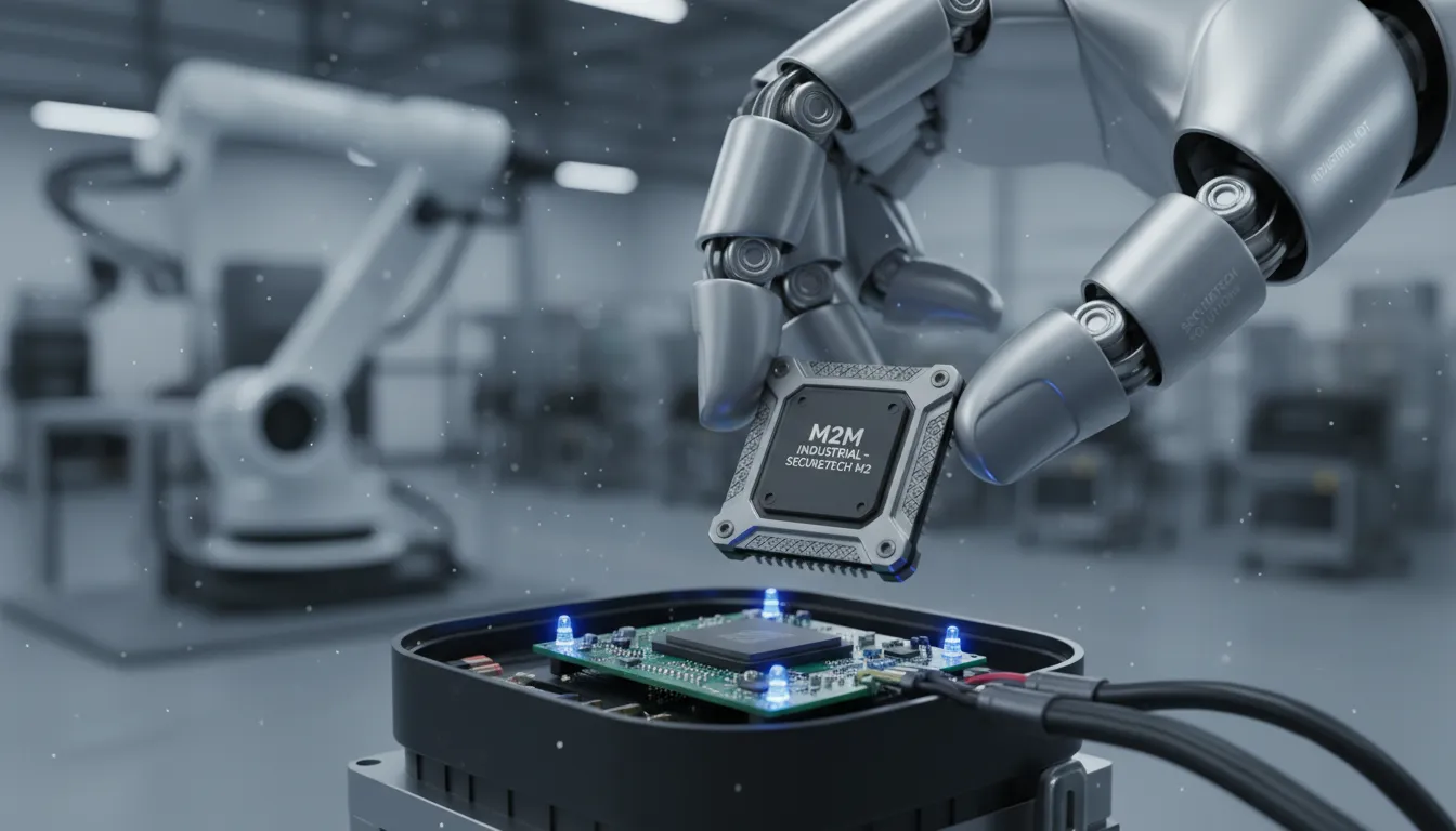 Técnico encaixando chip M2M robusto em equipamento eletrônico industrial.