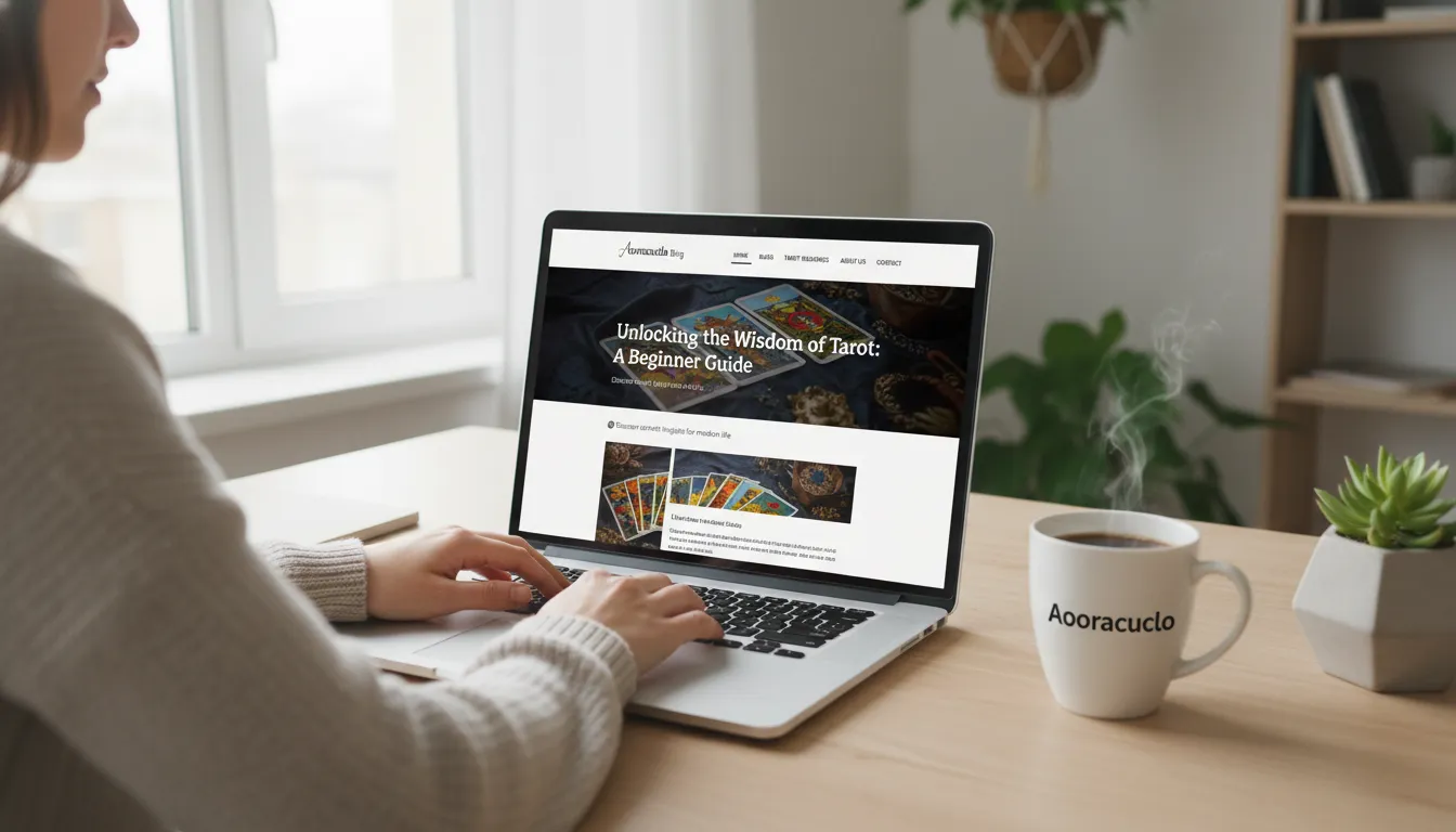 5 Dicas de Como o Tarot pode revolucionar sua vida pessoal, Descubra! Espaço de trabalho moderno com pessoa usando laptop mostrando artigo do Aooraculo Blog sobre tarot, ilustrando o poder do tarot para revolucionar a vida pessoal.