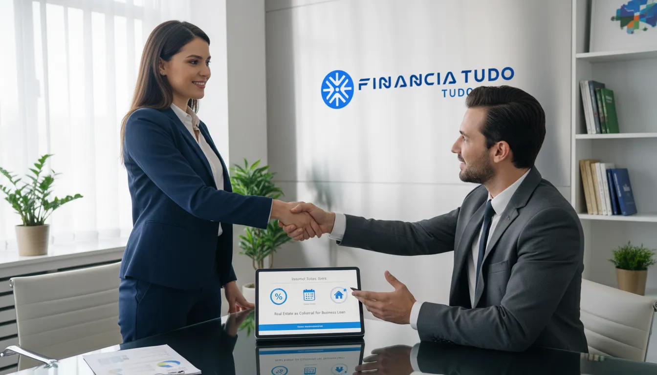 Empresário confiante fechando negócio de empréstimo para empresa com garantia de imóvel com consultor da Financia Tudo.