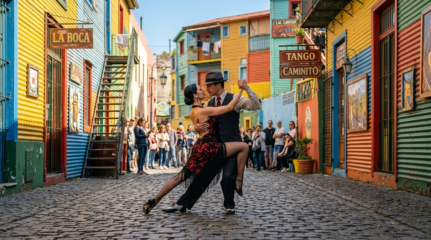 Dancarinos de tango nas ruas coloridas do Caminito em Buenos Aires durante o dia.