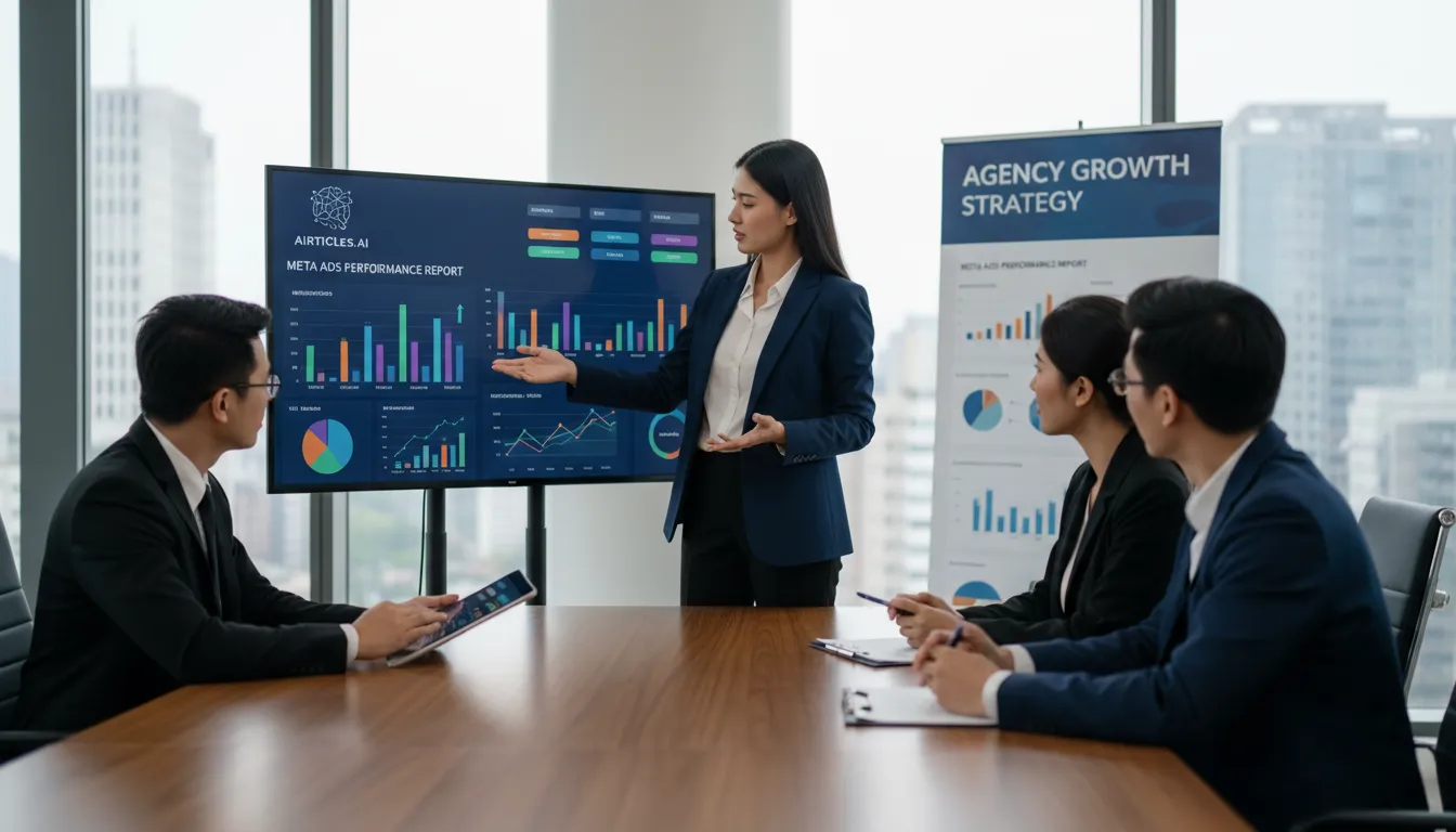 Relatório de performance de Meta Ads apresentado por agência marketing com ia em reunião executiva.