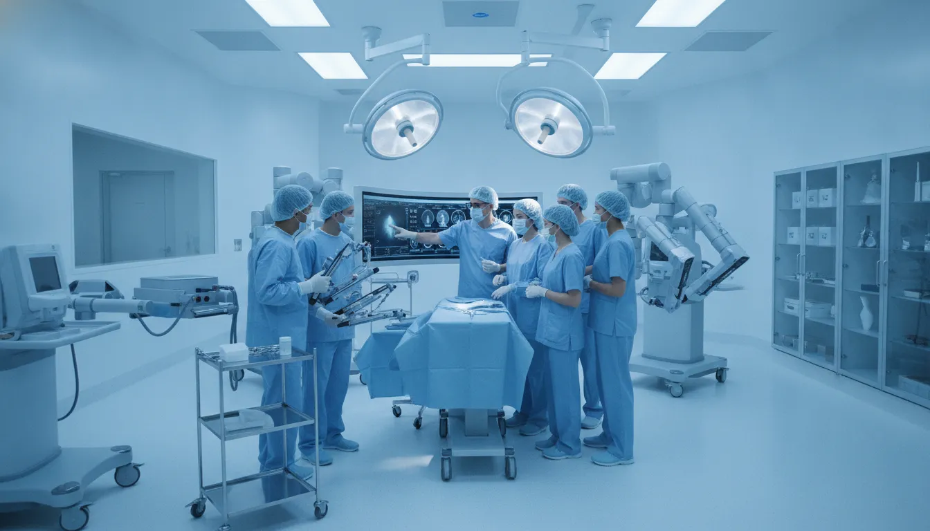 Equipe médica em sala moderna com tecnologia avançada, fruto de investimento com home equity para médicos.