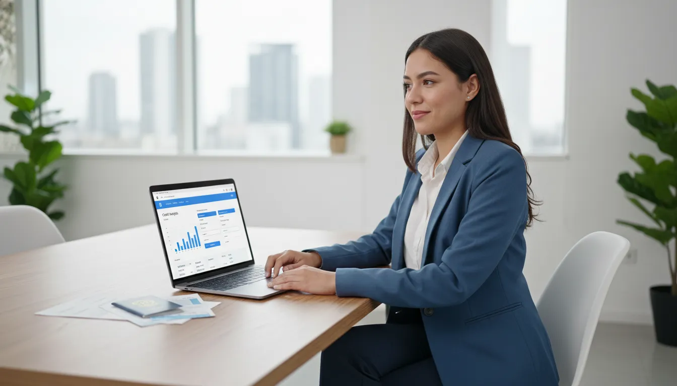 Pessoa analisa opções de crédito em plataforma digital, documentos essenciais ao lado.