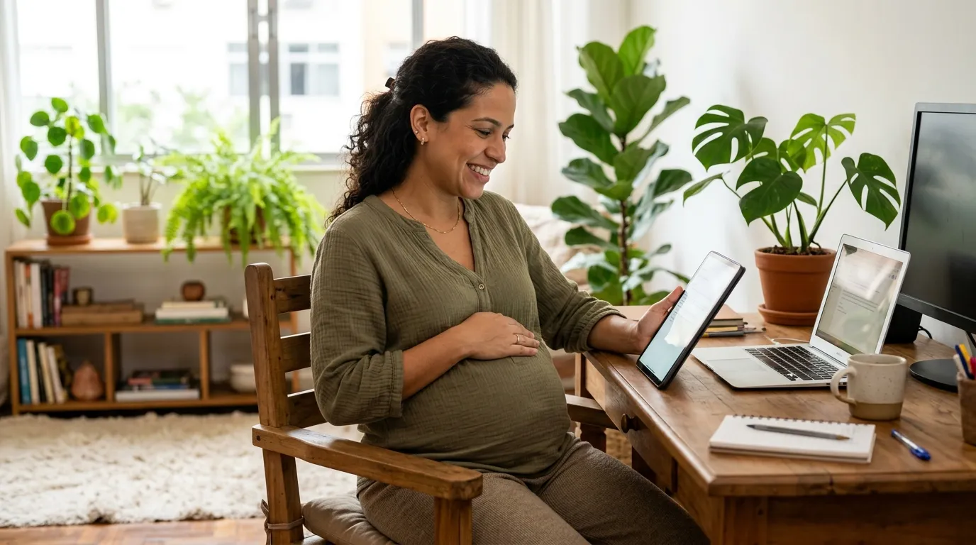 Gestante planeja seu futuro financeiro e o benefício do Salário Maternidade no computador.
