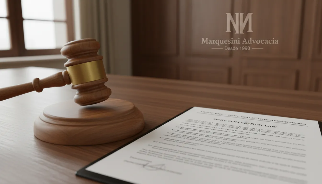 Um martelo de juiz e uma duplicata mercantil, simbolizando a cobrança judicial de dívidas com o apoio jurídico da Marquesini Advocacia.