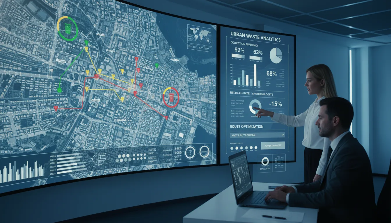 Painel de controle com mapas em tempo real e dados de gestão de resíduos, operadores analisando informações e otimizando operações.