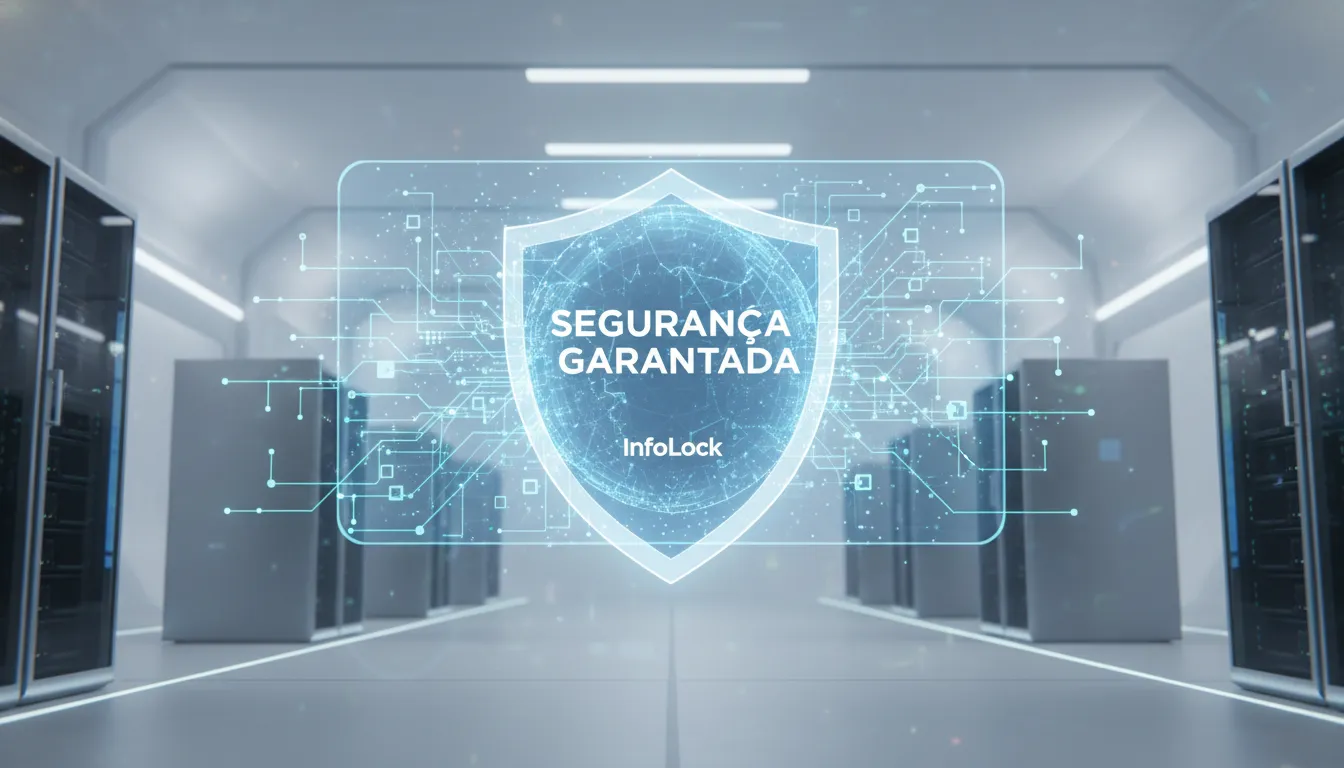 Escudo digital protegendo dados, com 'SEGURANÇA GARANTIDA' na tela, simbolizando a prevenção de incidentes de dados LGPD e tranquilidade.