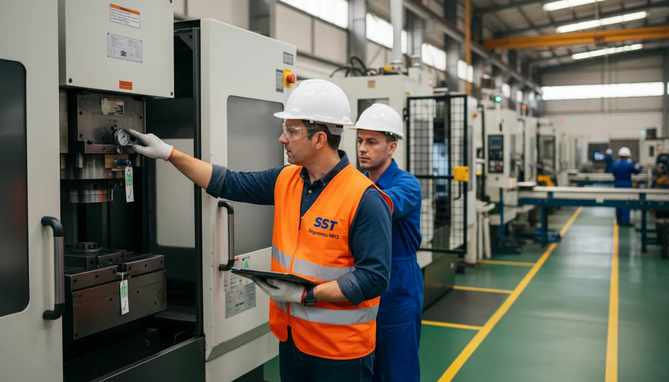 Cena de uma inspeção de segurança em uma fábrica, enfatizando a conformidade com a nr 12. O inspetor usa um colete com o logo da SST.
