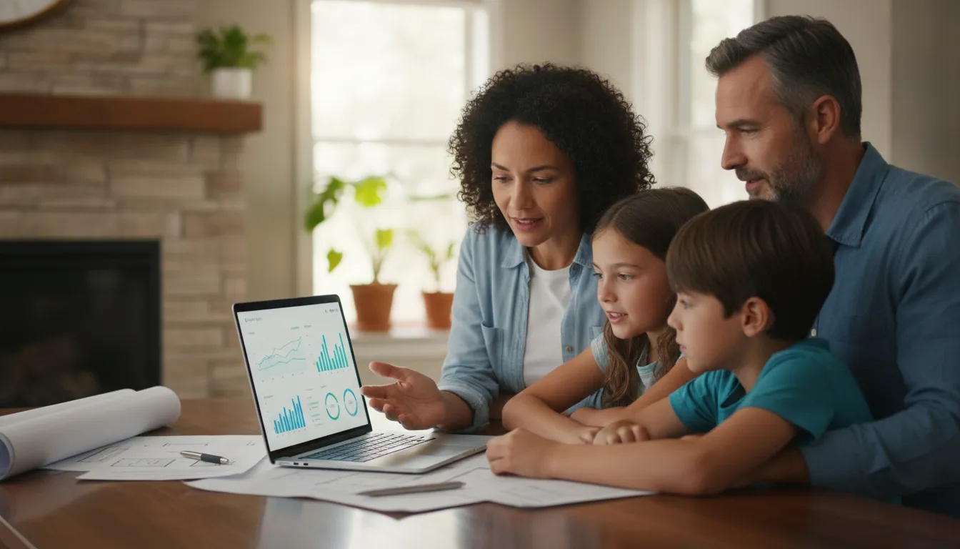 Família analisando opções financeiras em laptop para finalizar obra parada e planejar orçamento familiar.