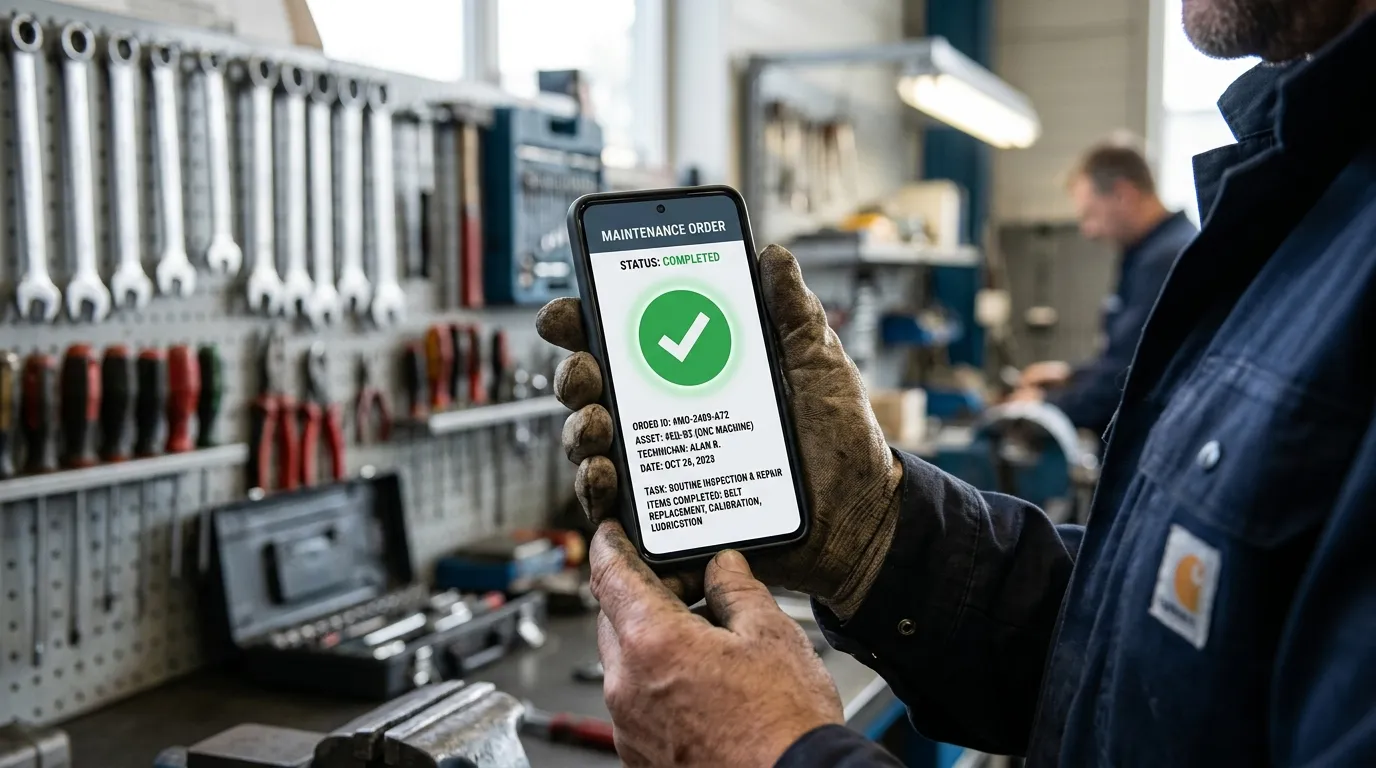 Celular exibe ordem concluida em software de planejamento de manutenção corporativo.