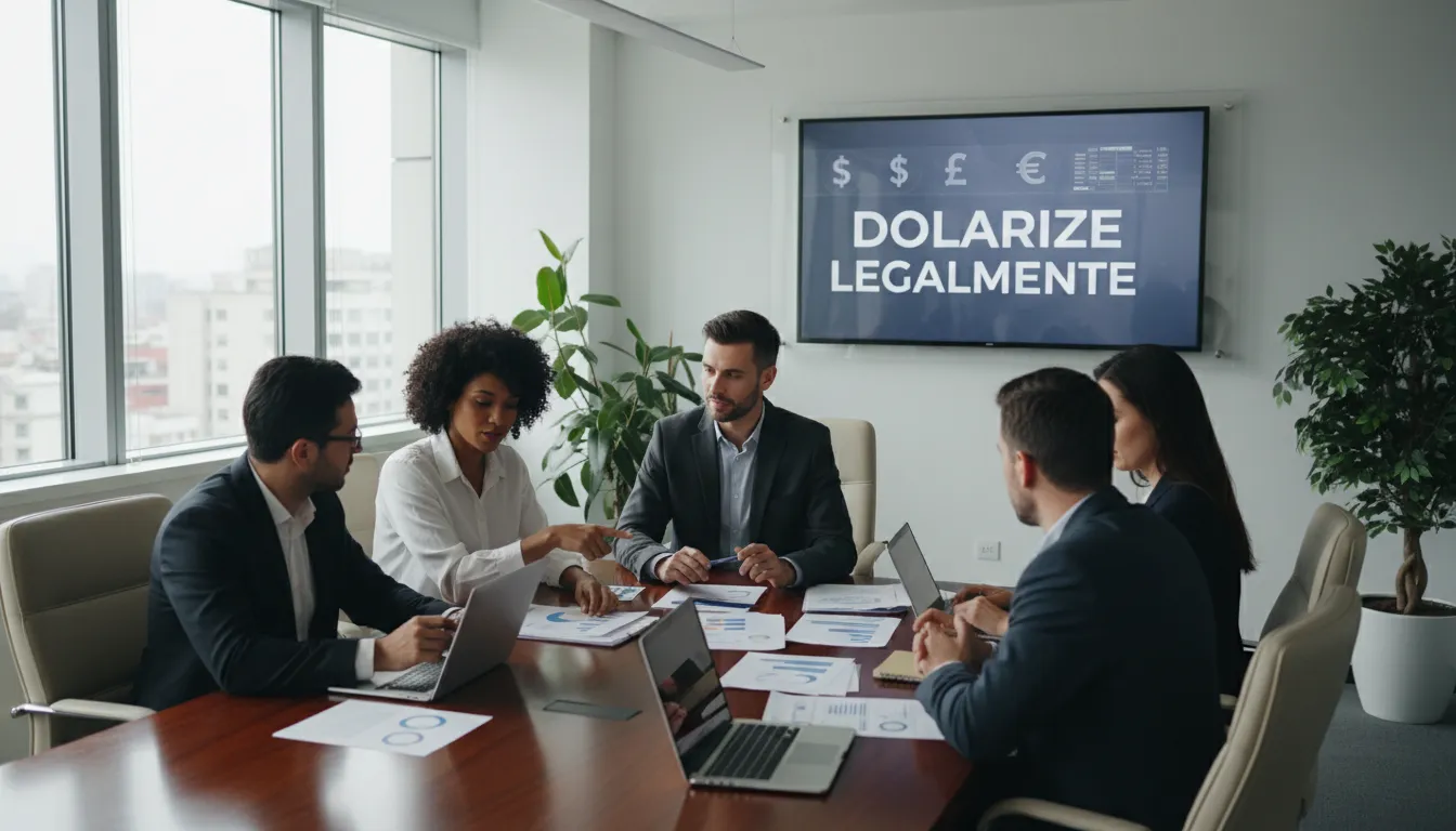 Profissionais em uma reunião discutindo estratégias de investimento, representando o suporte da Prezzo Consulting para dolarizar seu patrimônio legalmente.
