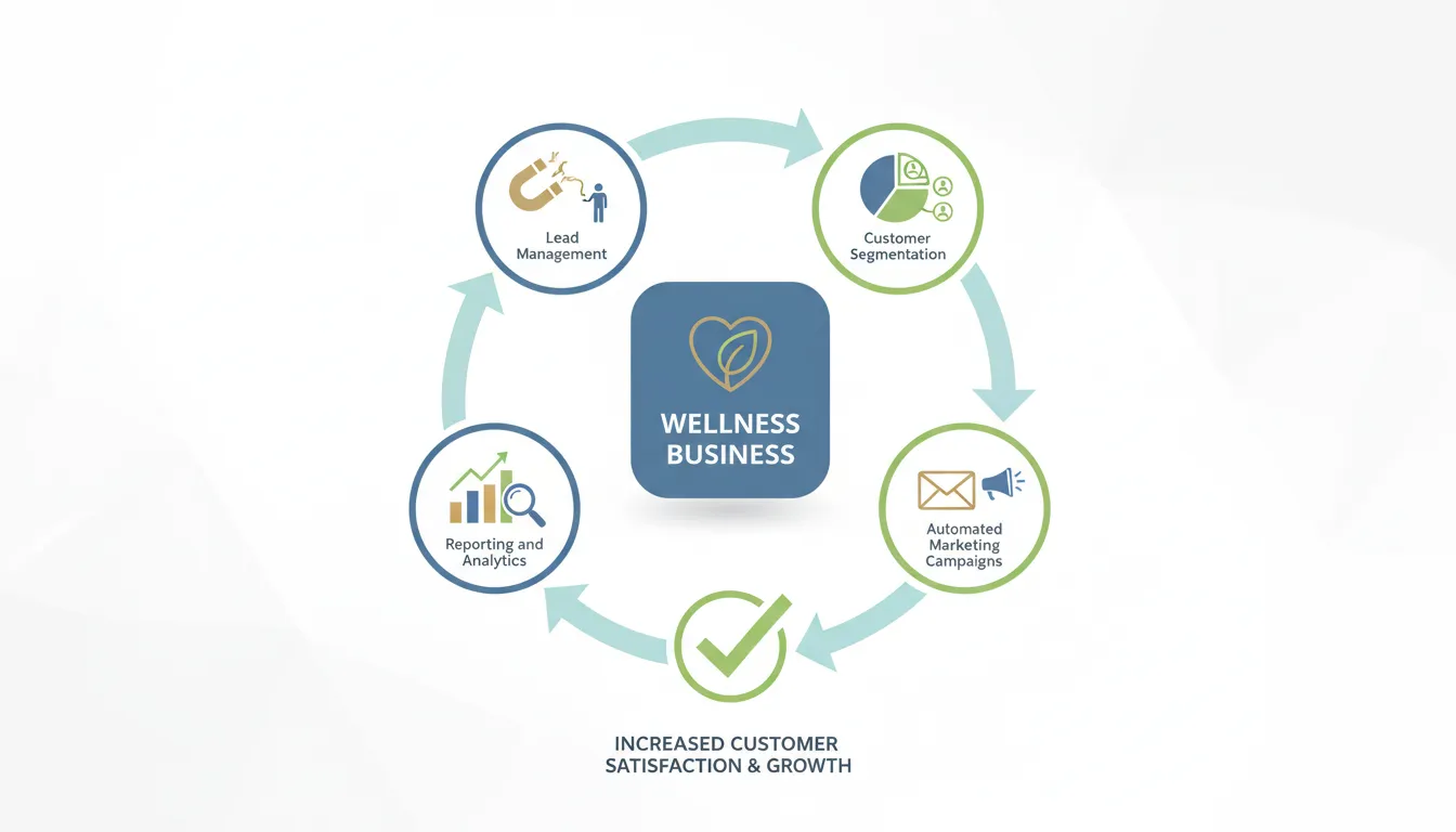 Visualização em infográfico demonstrando os benefícios de uma ferramenta de CRM para um negócio de wellness, incluindo gestão de leads e automação.