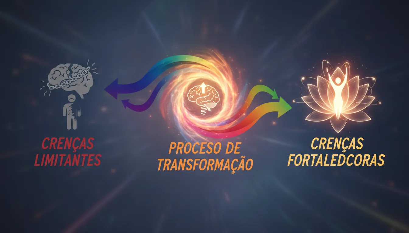Gráfico ilustrando mudança de crenças limitantes para crenças fortalecedoras com elementos energéticos.
