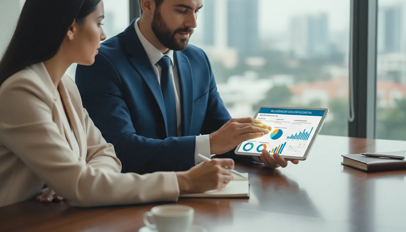 IA para Analytics: Entender Dados do Site Sem Ser Ninja 2 Consultor digital apresentando relatório de diagnóstico do site com gráficos e insights visuais.