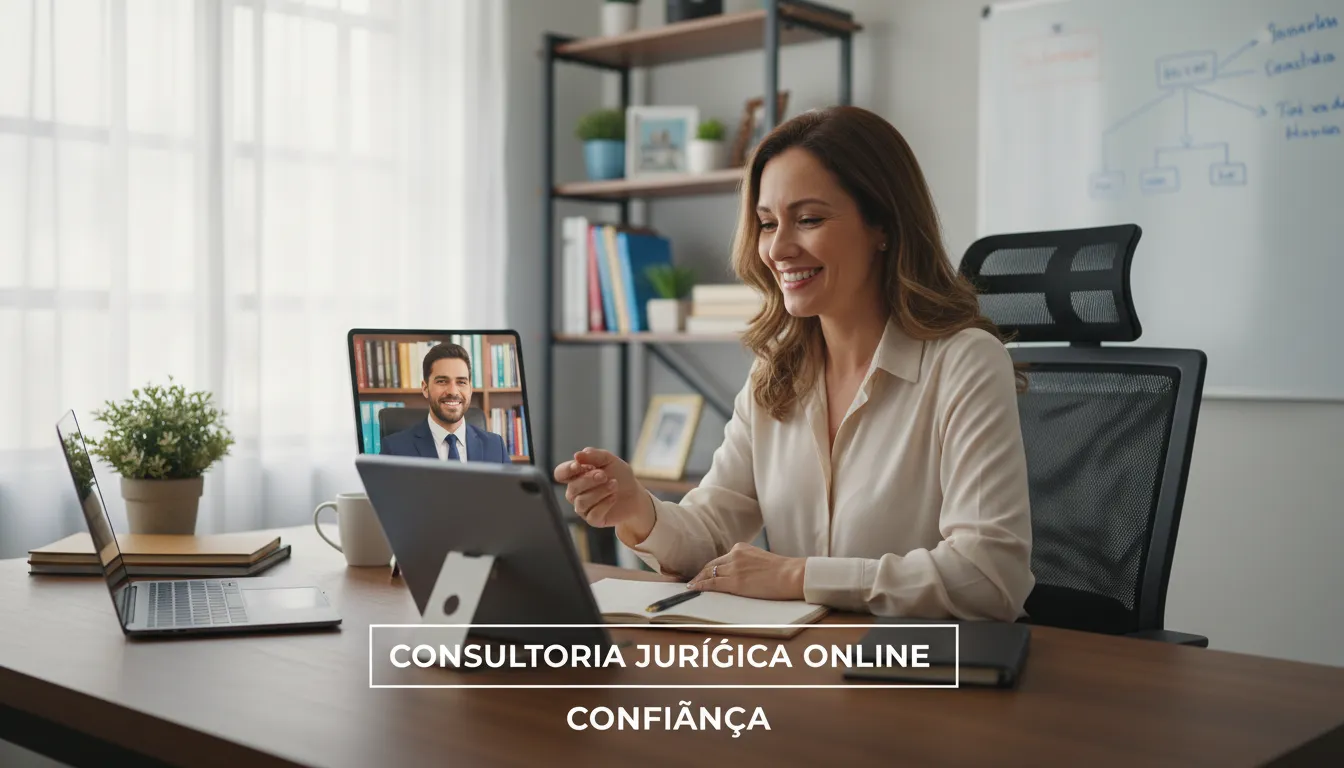 Cliente satisfeito recebendo consultoria jurídica online em ambiente doméstico organizado
