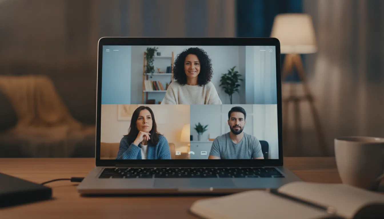 Pessoas em sessão de terapia online, simbolizando suporte para estresse e afastamento trabalhista por burnout.