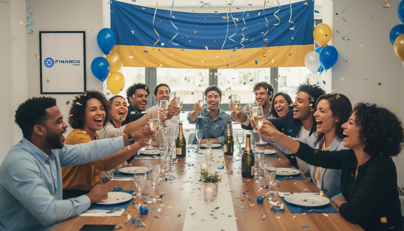 Grupo comemorando a conquista da liberdade financeira após conseguir reduzir parcelas de financiamento existente com a Financia Tudo.