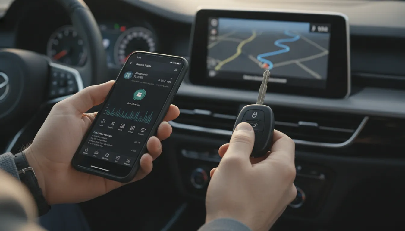 Mãos seguram smartphone com Financia Tudo e chave de carro, simbolizando refinanciar veículo para investir.
