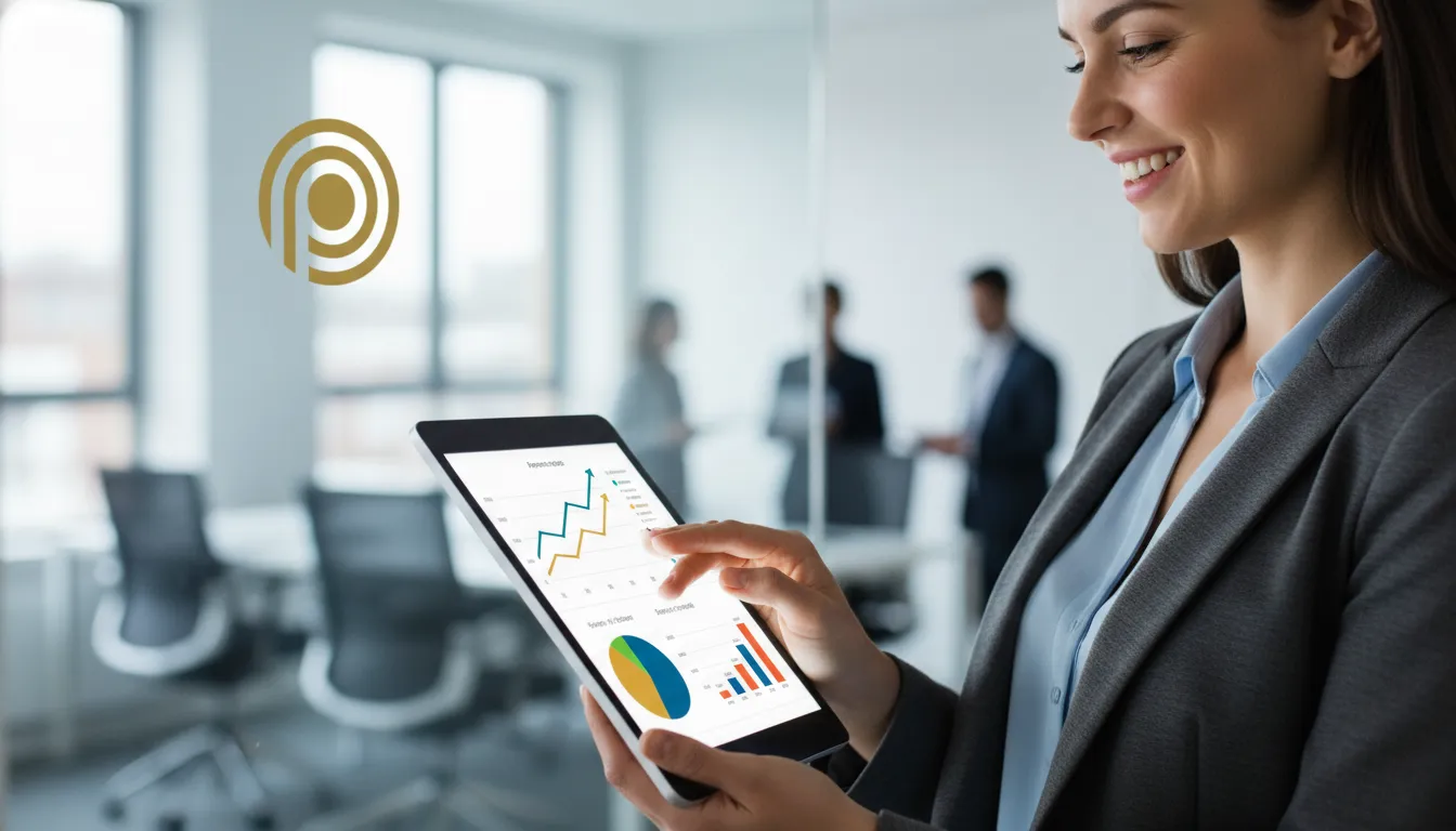 Mulher sorrindo ao analisar painéis financeiros em um tablet, representando a facilidade do contador online e gestão otimizada.