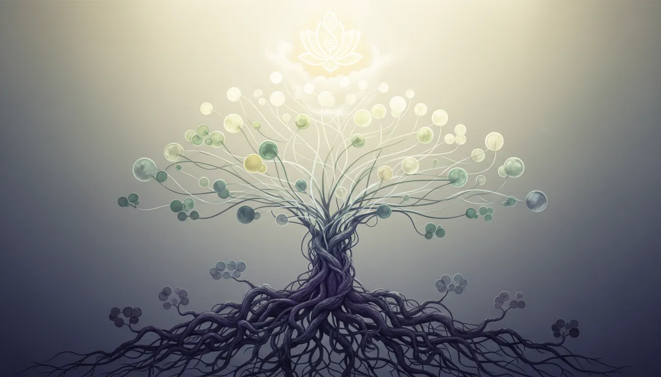 Árvore genealógica simbolizando a constelação familiar, mostrando a evolução de relações tensas para conexões claras e curadas.