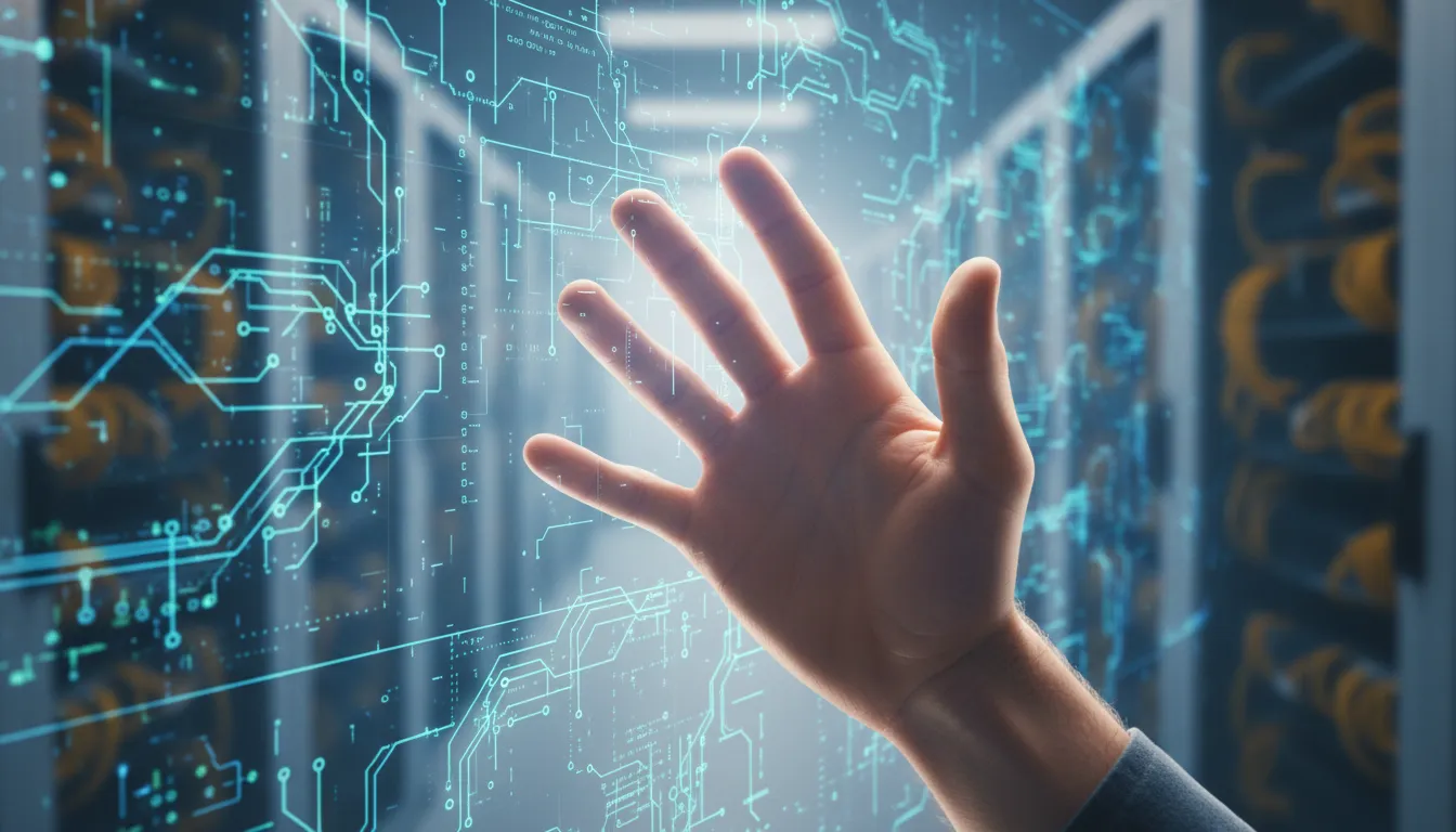 Mão humana interage com interface de IA, mostrando a confiança na Deloitte: Escalar a inteligência autônoma para decisões. Fotorrealista.